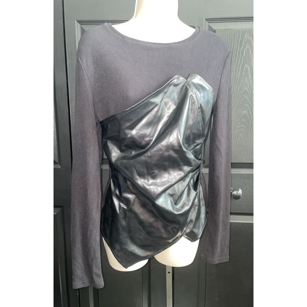 COMMENSE Black Asymmetric Faux Leather Ruched Top - Long Sleeve - Size L